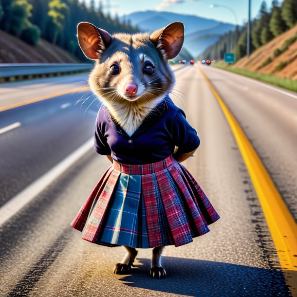 Pic d'un opossum dans une jupe sur l'autoroute