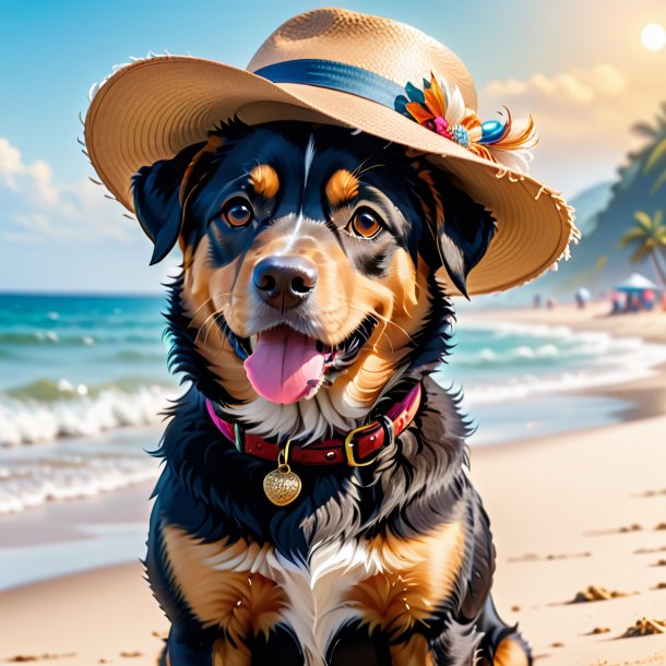 Picture of a dog in a hat on the beach