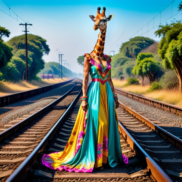 Foto de una jirafa en un vestido en las vías del tren