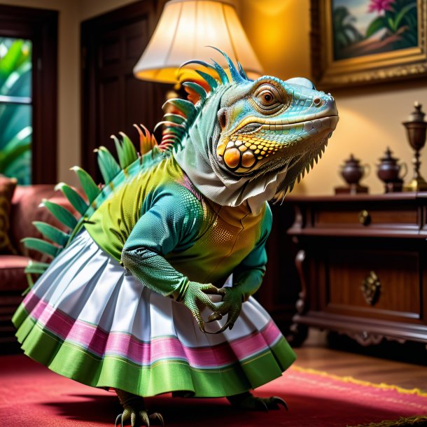 Photo of a iguana in a skirt in the house