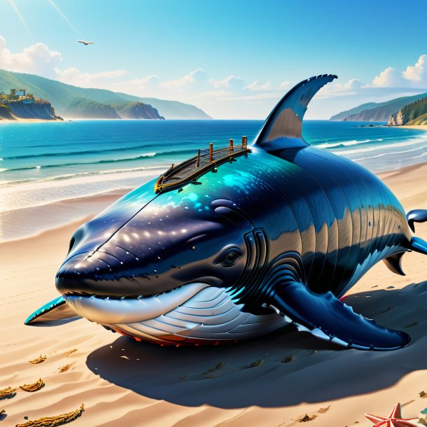 Drawing of a whale in a vest on the beach