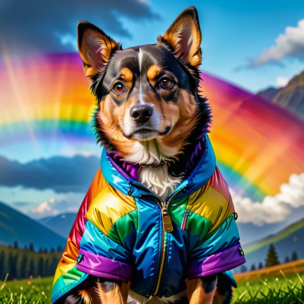 Imagen de un perro en una chaqueta en el arco iris