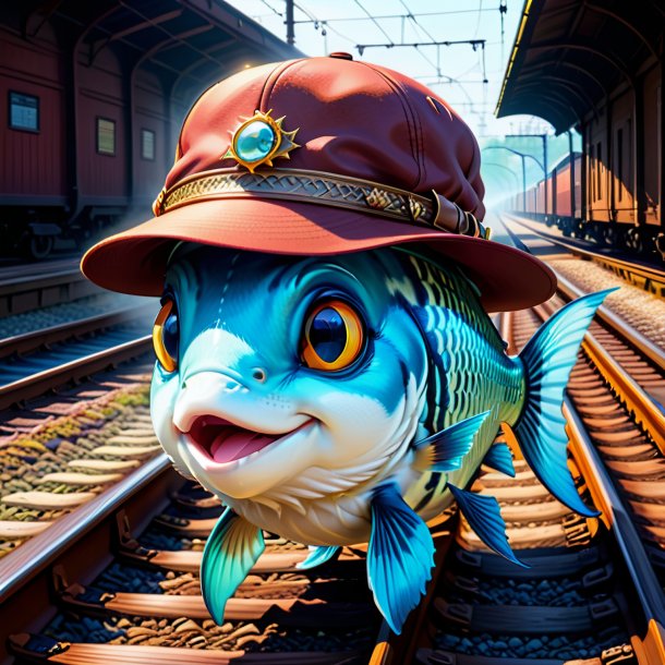 Drawing of a fish in a hat on the railway tracks