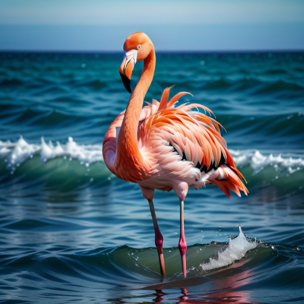 Foto de un flamenco en un abrigo en el mar