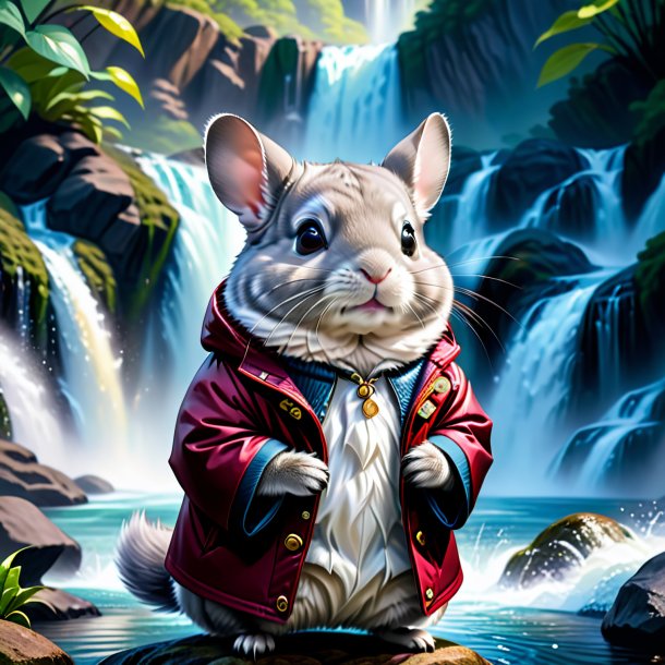 Illustration of a chinchillas in a coat in the waterfall