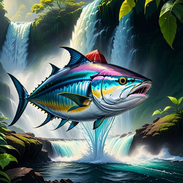 Drawing of a tuna in a cap in the waterfall