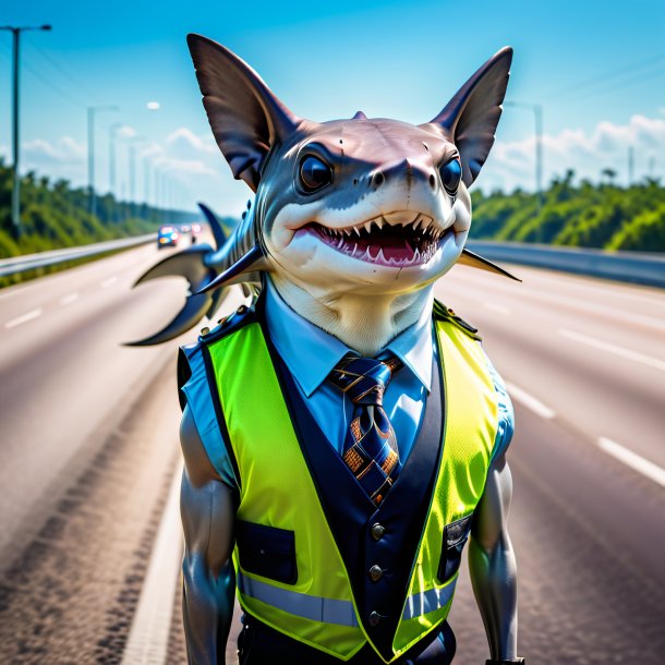 Photo of a hammerhead shark in a vest on the highway