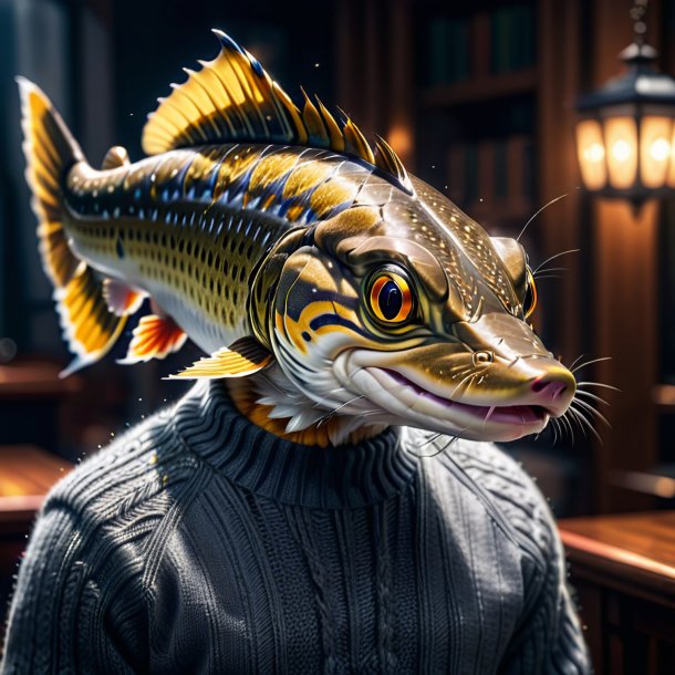 Image of a pike in a gray sweater