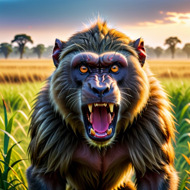 Picture of a angry of a baboon on the field