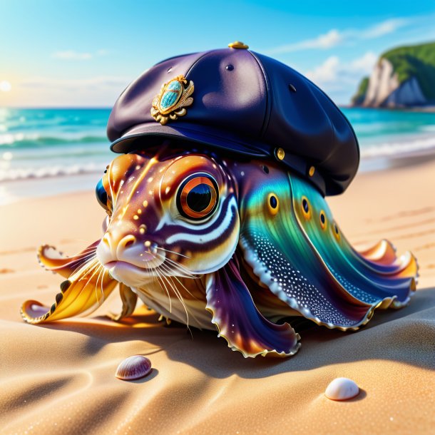 Illustration of a cuttlefish in a cap on the beach