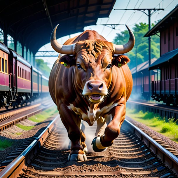 Pic of a playing of a bull on the railway tracks