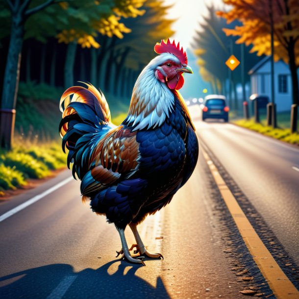 Illustration of a hen in a coat on the road