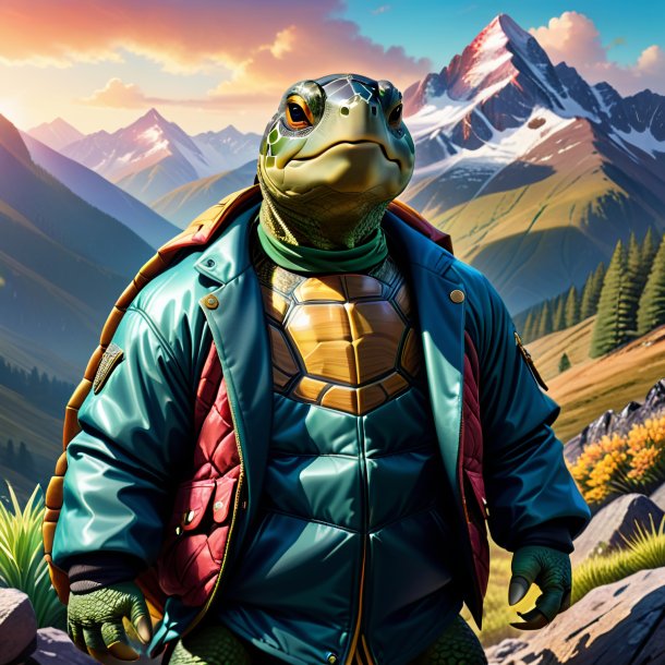 Ilustración de una tortuga en una chaqueta en las montañas