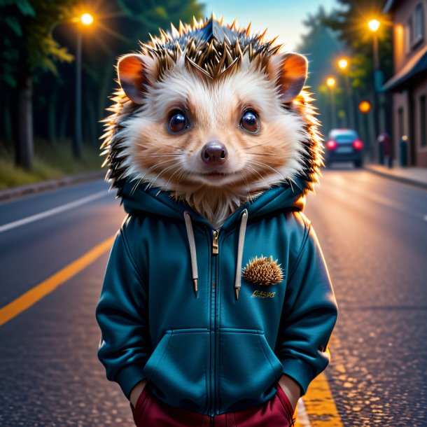 Image of a hedgehog in a hoodie on the road