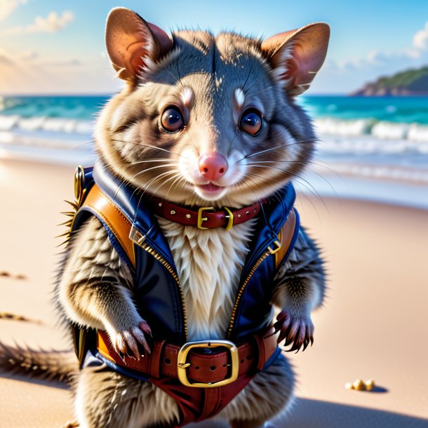 Photo of a possum in a belt on the beach