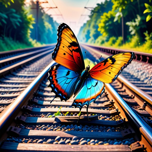 Image of a butterfly in a coat on the railway tracks