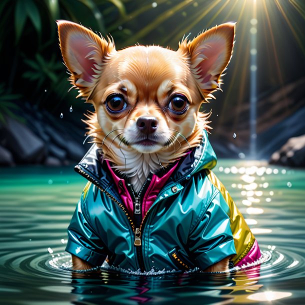 Ilustración de un chihuahua en una chaqueta en el agua