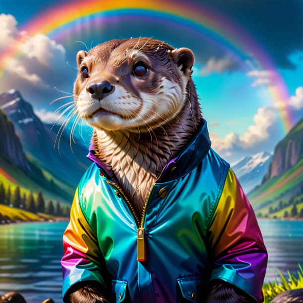 Photo d'une loutre dans une veste sur l'arc-en-ciel