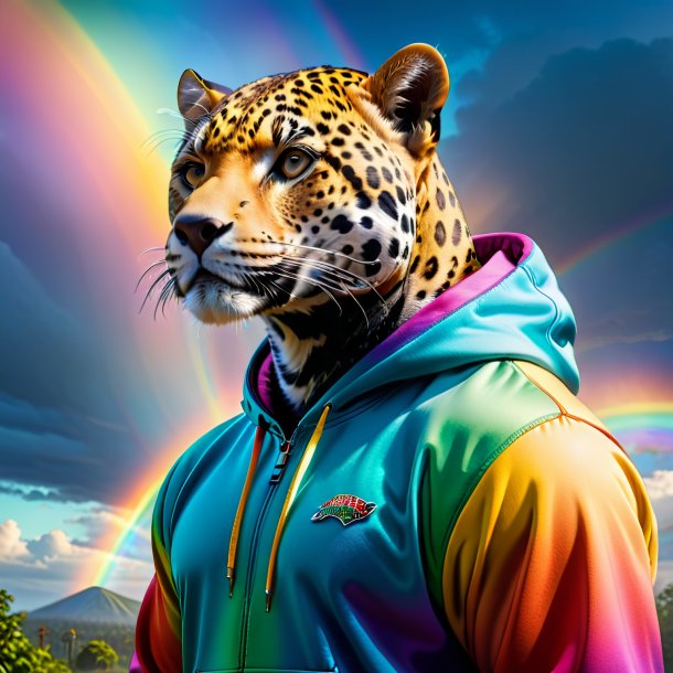 Pic d'un jaguar dans un sweat à capuche sur l'arc-en-ciel