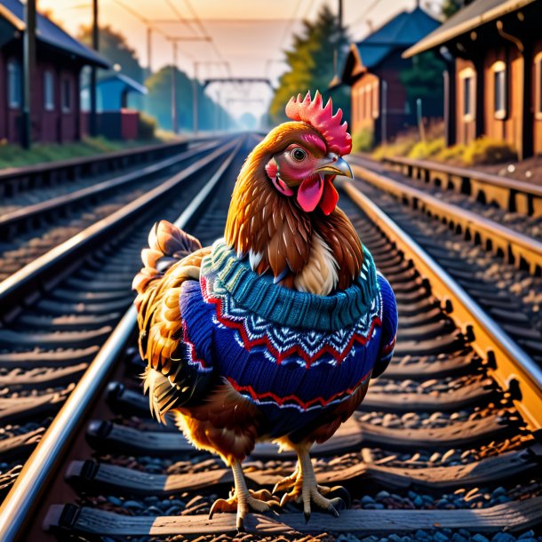 Imagem de uma galinha em um suéter nos trilhos ferroviários