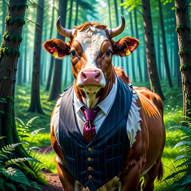 Photo of a cow in a vest in the forest