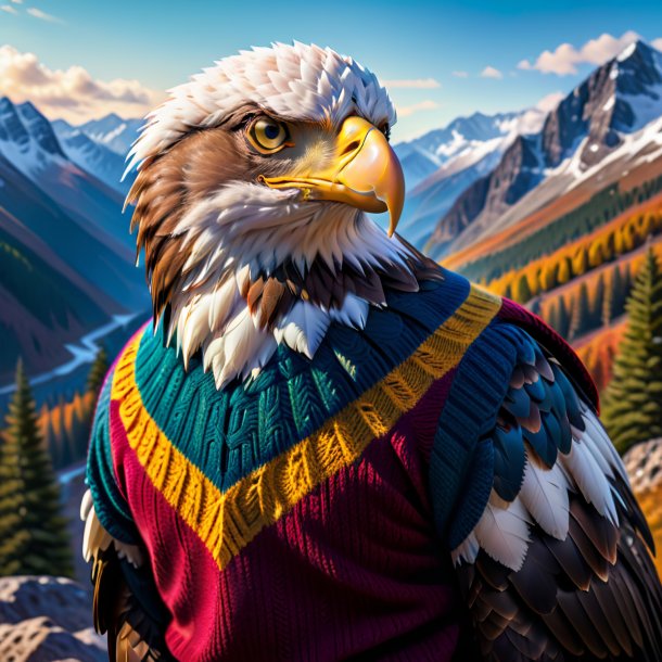 Photo of a eagle in a sweater in the mountains