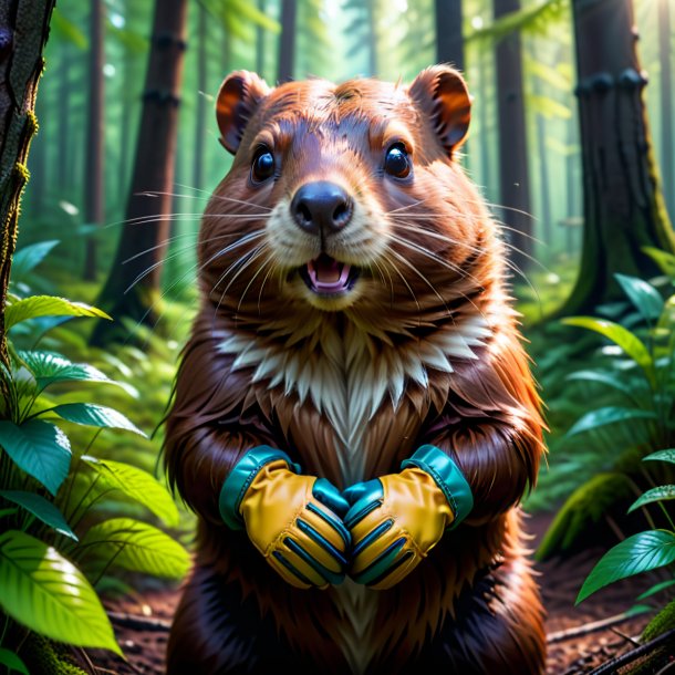 Photo of a beaver in a gloves in the forest