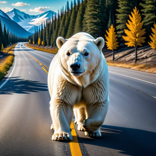 Picture of a polar bear in a jeans on the road