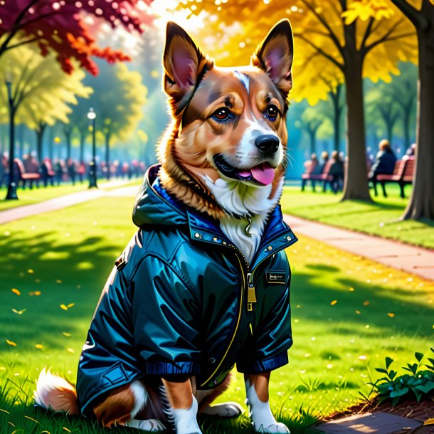 Dessin d'un chien dans une veste dans le parc