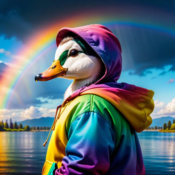 Foto de un pato en una sudadera con capucha en el arco iris