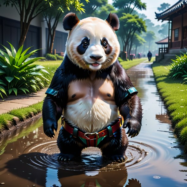 Pic of a giant panda in a belt in the puddle