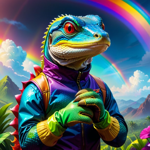 Ilustración de un lagarto monitor en guantes en el arco iris