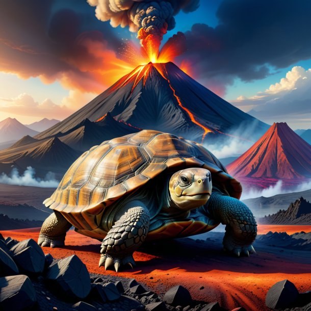 Drawing of a tortoise in a jeans in the volcano