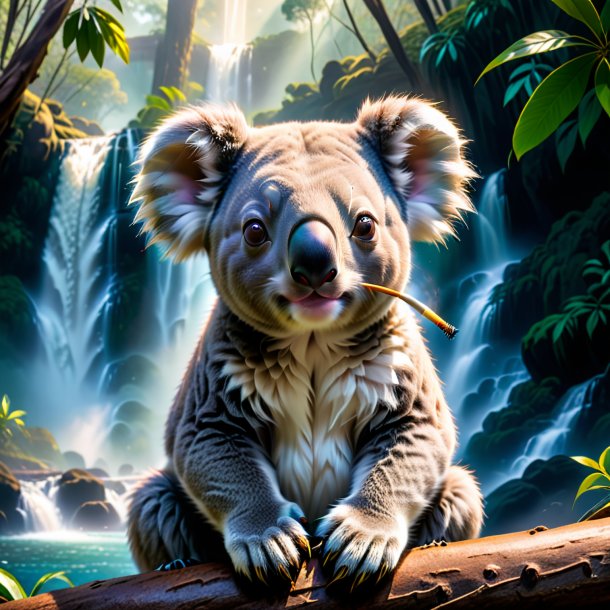 Photo of a smoking of a koala in the waterfall