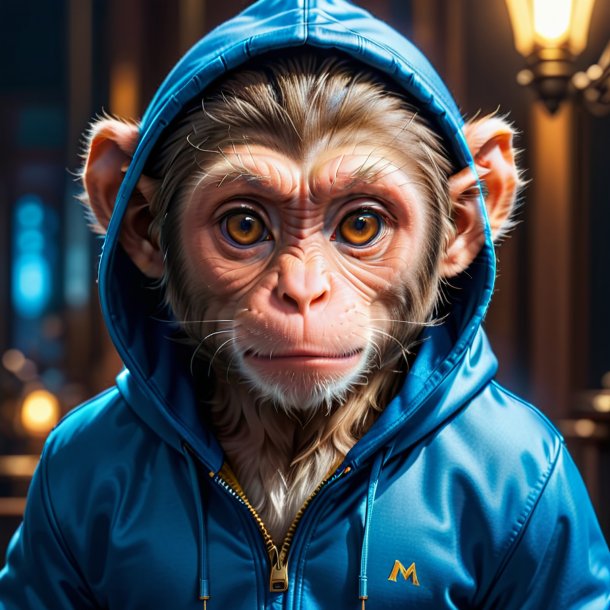 Photo of a monkey in a blue hoodie