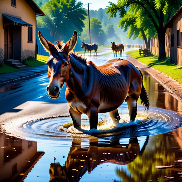 Photo of a swimming of a mule in the puddle