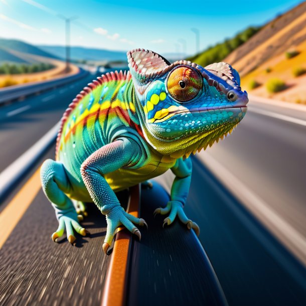 Foto de un camaleón en un cinturón en la carretera