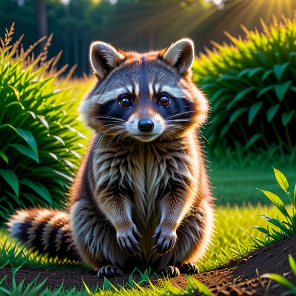 Pic of a waiting of a raccoon on the field