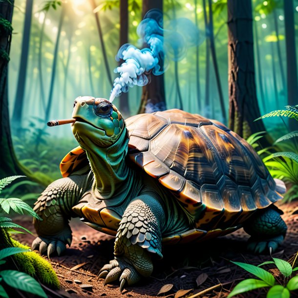 Photo of a smoking of a tortoise in the forest