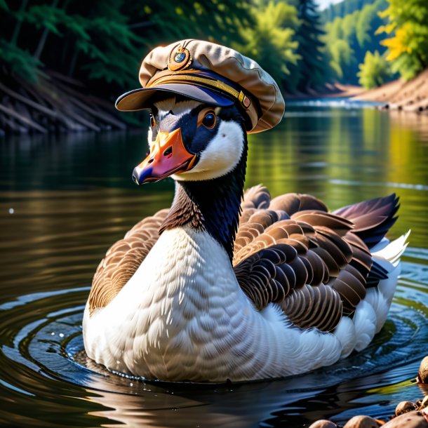 Image of a goose in a cap in the river