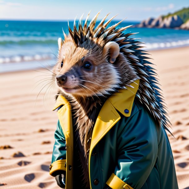 Photo d'un porc-épic dans un manteau sur la plage