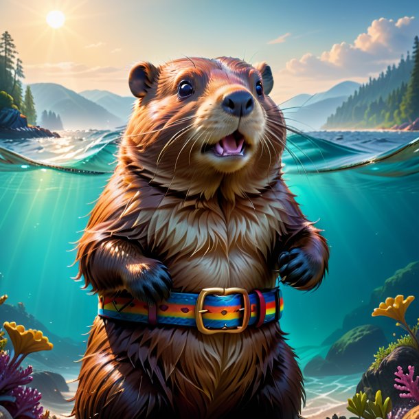 Picture of a beaver in a belt in the sea