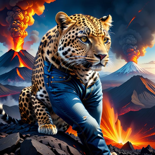 Drawing of a leopard in a jeans in the volcano