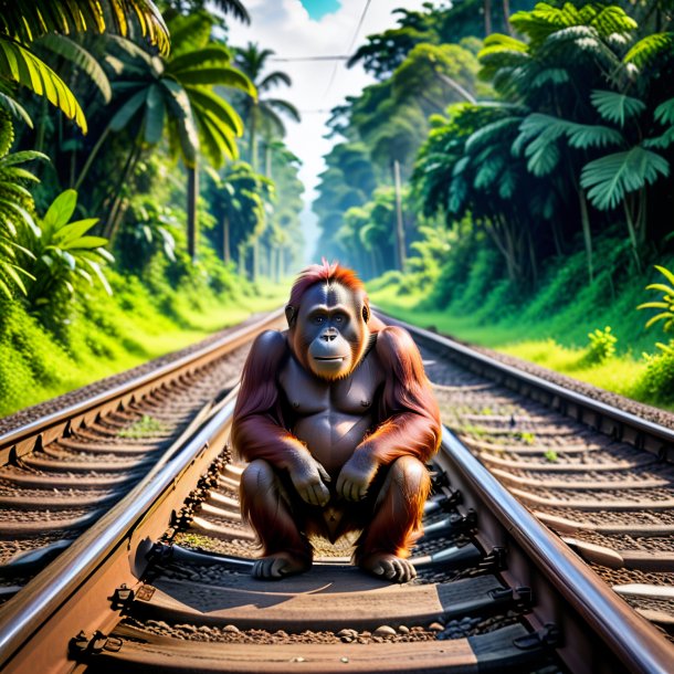 Picture of a waiting of a orangutan on the railway tracks