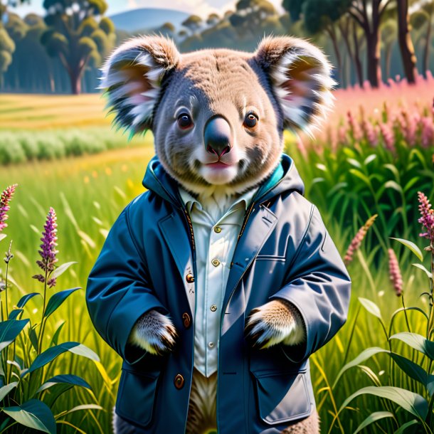 Picture of a koala in a coat in the meadow