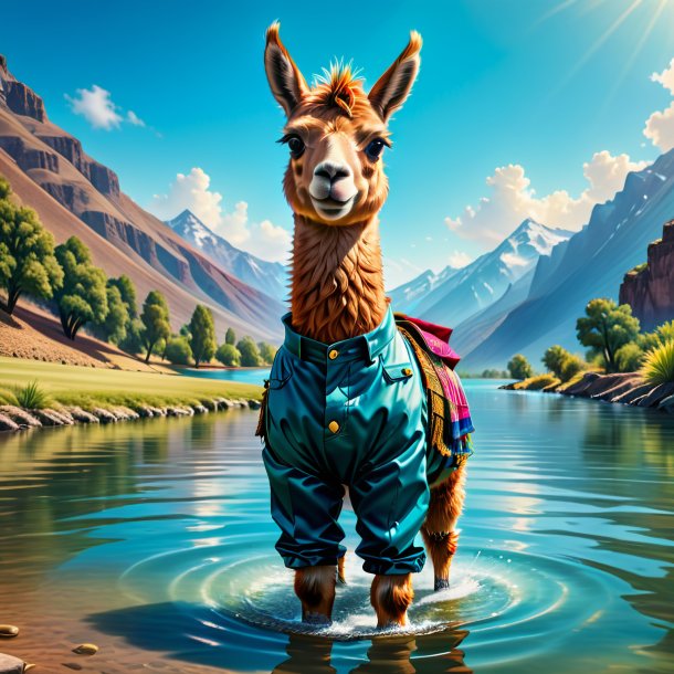 Illustration of a llama in a trousers in the water