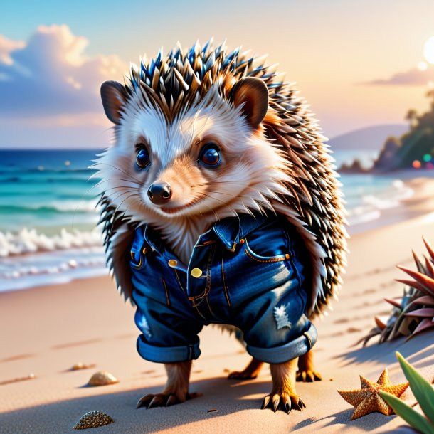 Illustration of a hedgehog in a jeans on the beach