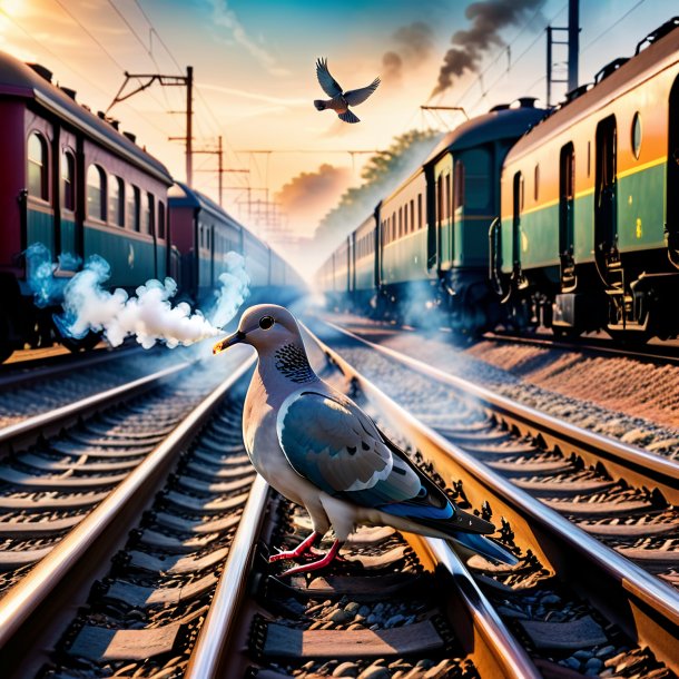 Image of a smoking of a dove on the railway tracks