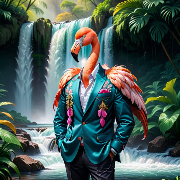 Drawing of a flamingo in a jacket in the waterfall