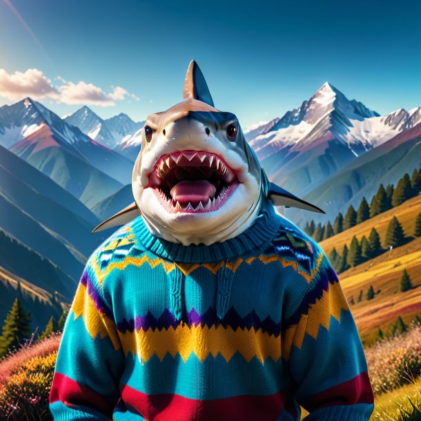 Pic of a shark in a sweater in the mountains